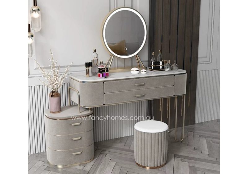 Fancy Homes DRT-8032 Dressing Table Set with Stool Mirror and Stone Tops. Customisable in Sizes and Colours. Taupe and Gold Side