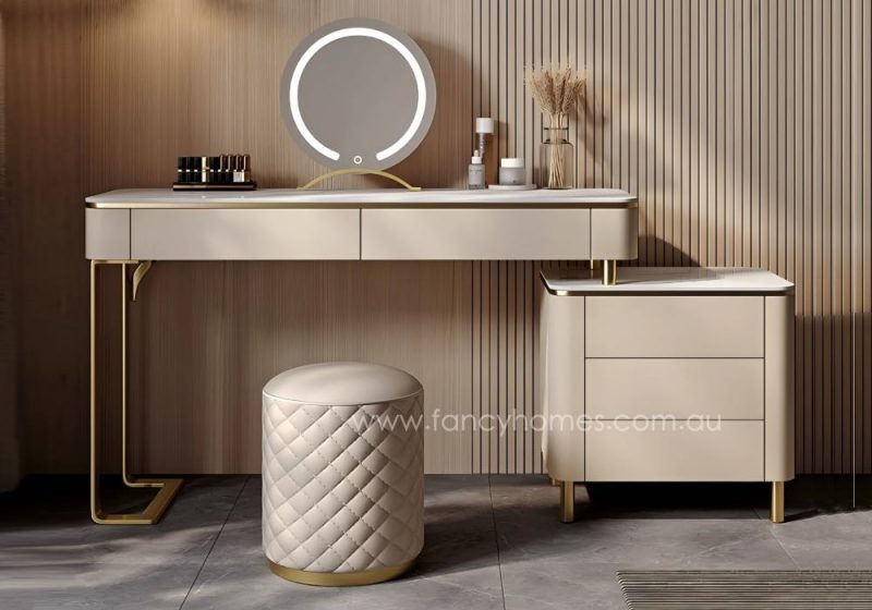 Fancy Homes DRT-8034 Dressing Table Set with Mirror Front View. Customisable in Sizes and Colour to Match the Bed and Bedroom Interior. Beige and Gold Dressing Table Set