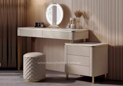 Fancy Homes DRT-8034 Dressing Table Set with Mirror Side View. Customisable in Sizes and Colour to Match the Bed and Bedroom Interior. Beige and Gold Dressing Table Set