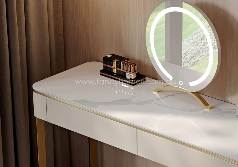 Fancy Homes DRT-8034 Dressing Table Set with Stone Top, Stool and Mirror. Customisable in Sizes and Colour to Match the Bed and Bedroom Interior. Beige and Gold Dressing Table Set