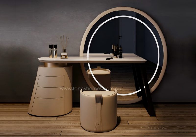 Fancy Homes DRT-8037 Dressing Table Set Front View with Stone Top, Stool and Side Cabinet and Full Size Mirror. Customisable in Colour to Match Bed and Bedroom Interior.