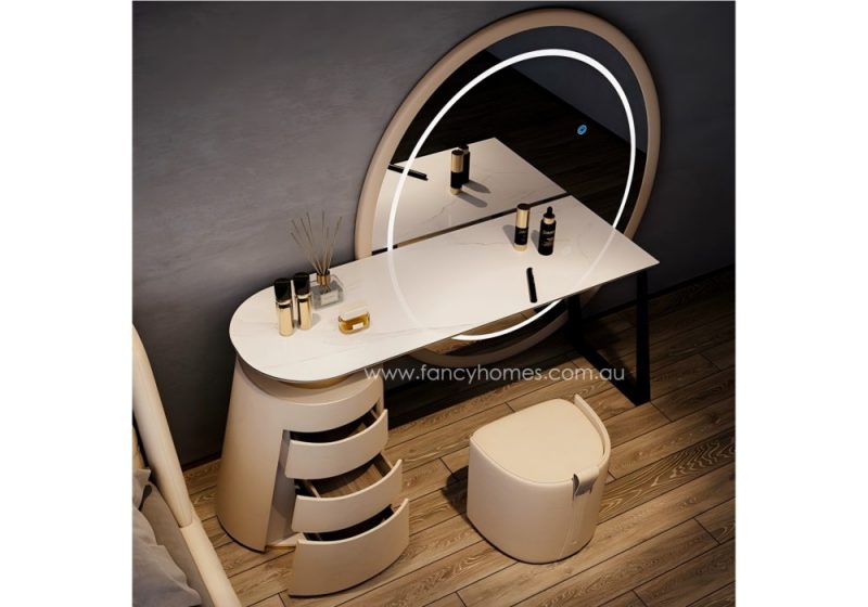 Fancy Homes DRT-8037 Dressing Table Set with Stone Top, Stool and Side Cabinet and Full Size Mirror. Customisable in Colour to Match Bed and Bedroom Interior.
