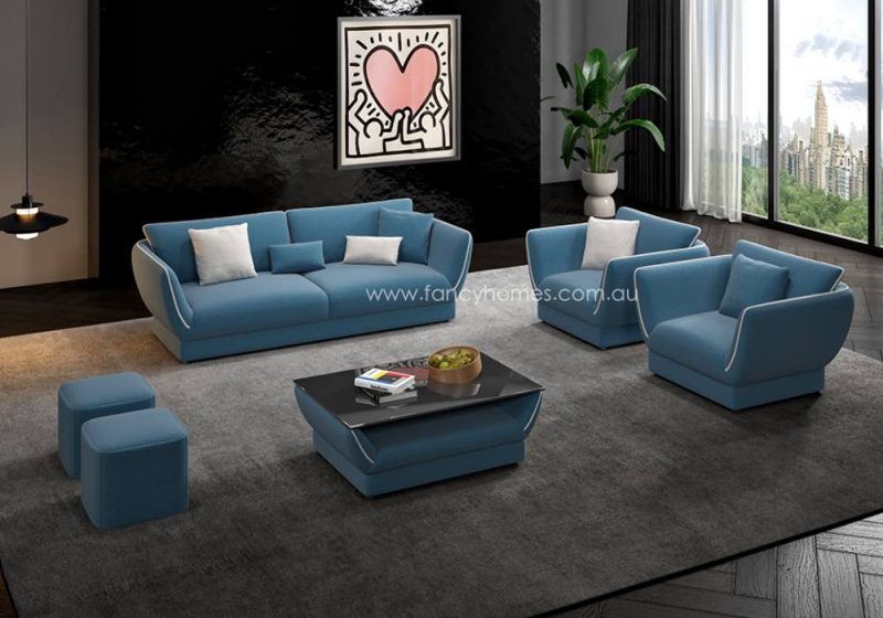 Fancy Homes Elowen Lounges Suites Fabric Sofa Blue and White with Ottomans