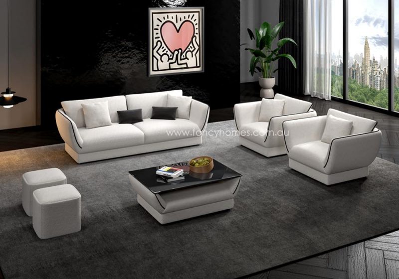Fancy Homes Elowen Lounges Suites Fabric Sofa White and Black with Ottomans