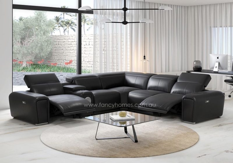 Fancy Homes Recaro Recliner Corner Leather Sofa Black Colour. Features Electric Recliners, USB Charging Ports, Wireless Charger, In-built Cup Holders, Storage Console Table with Speakers and Subwoofer