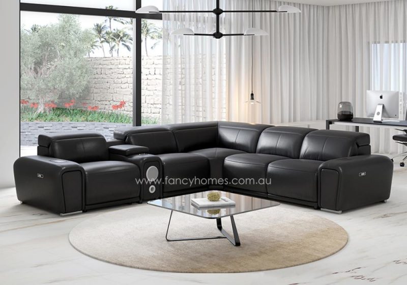 Fancy Homes Recaro Recliner Corner Leather Sofa Black Colour. Features USB Charging Ports, Wireless Charger, In-built Cup Holders, Storage Console Table with Speakers and Subwoofer