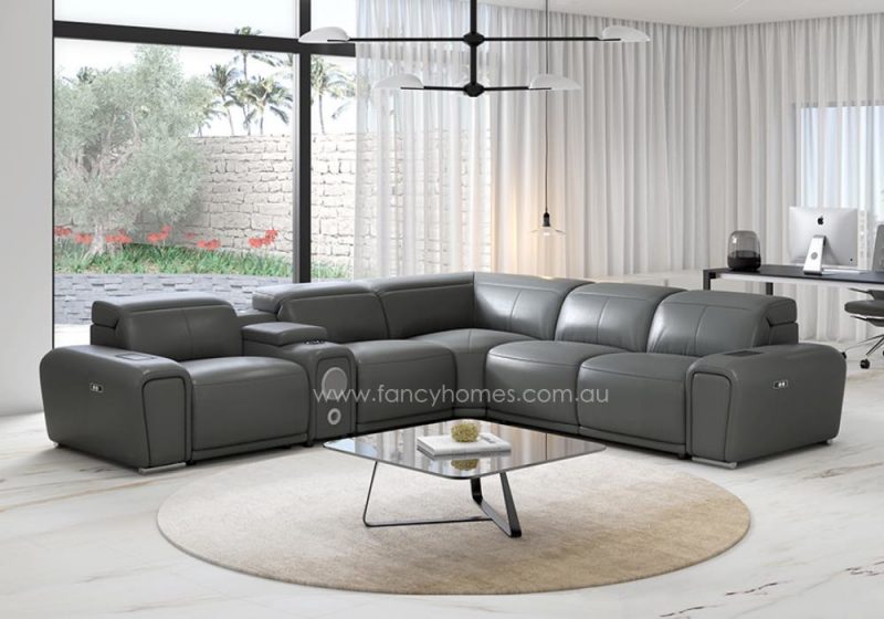 Fancy Homes Recaro Recliner Corner Leather Sofa Dark Grey Colour. Features USB Charging Ports, Wireless Charger, In-built Cup Holders, Storage Console Table with Speakers and Subwoofer