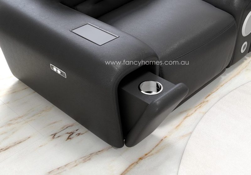 Fancy Homes Recaro Recliner Corner Leather Sofa. Features USB Charging Ports, Wireless Charger, In-built Cup Holders, Storage Console Table with Speakers and Subwoofer