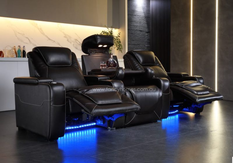 Fancy Homes Aventis Customisable Home Theatre Recliner Three Seats with Dropdown Console Table and Ambient Light