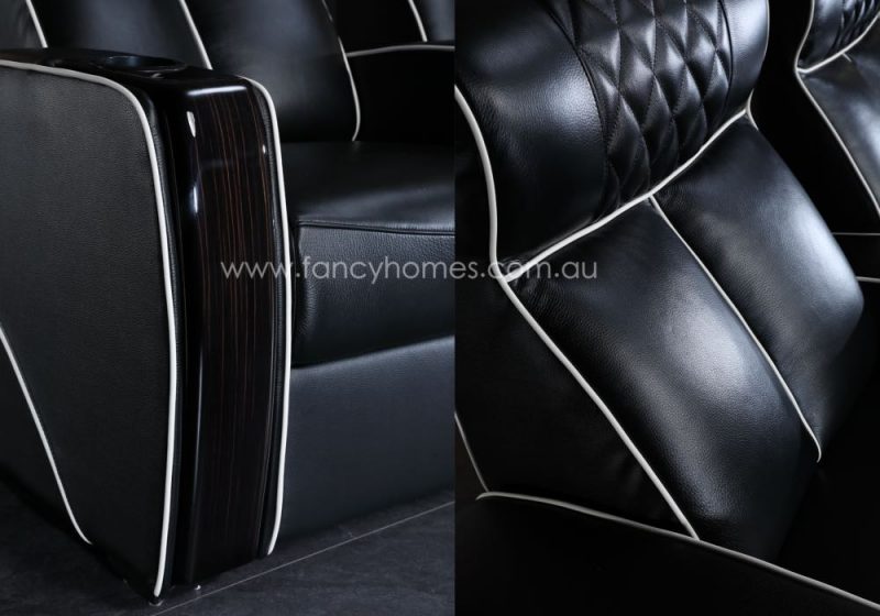 Fancy Homes Bottega Home Theatre Recliner Leather Sofa Armrest with Piano Lacquered Wooden Panel and Sofa with Piping