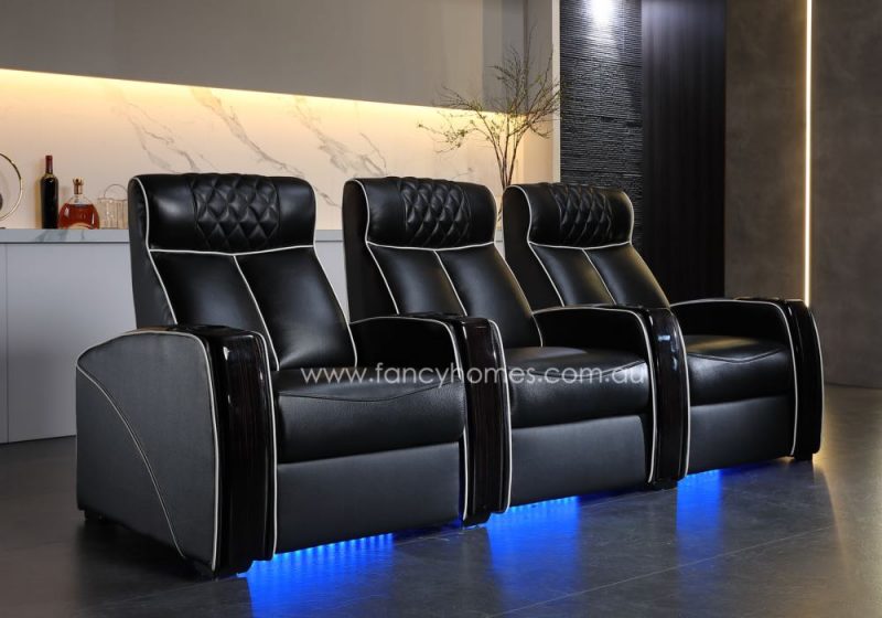 Fancy Homes Bottega Home Theatre Recliner Leather Sofa Row of Three Ambient Led Light
