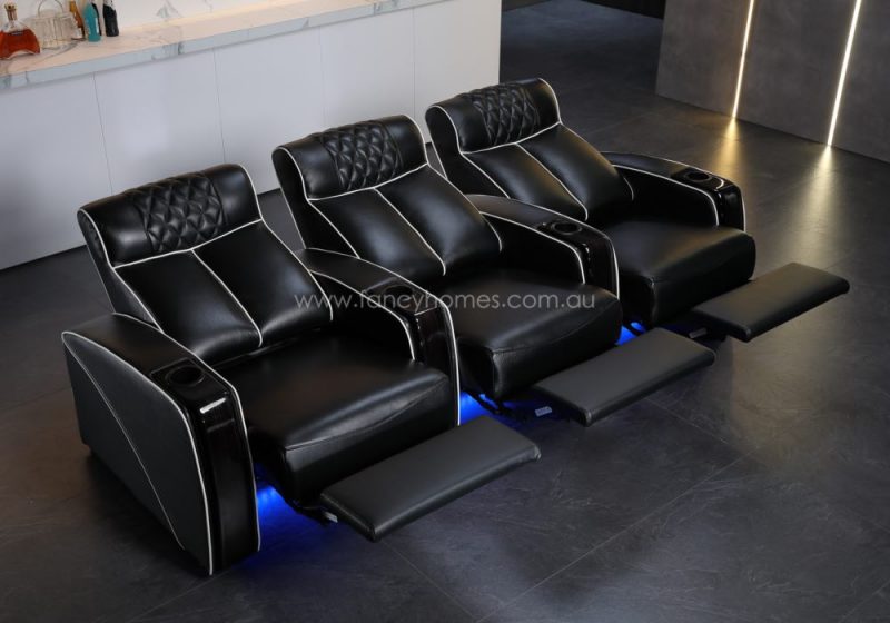 Fancy Homes Bottega Home Theatre Recliner Leather Sofa Row of Three with Electric Recliners and Ambient Led Light