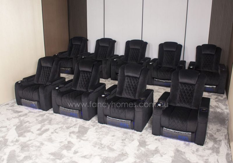 Fancy Homes Declan Home Theatre Recliner Leather Sofa Feature Electric Recliner German Engineered Motorise System and Customisable in Velour