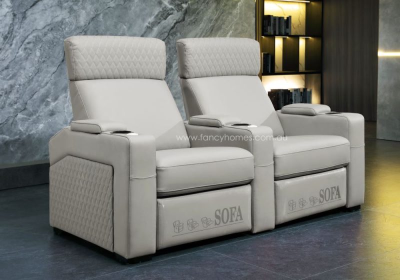 Fancy Homes Newman Customisable Home Theatre Recliner Leather Sofa Light Grey Two Seat
