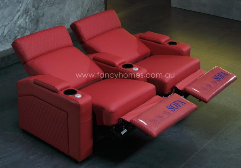 Fancy Homes Newman Customisable Home Theatre Recliner Leather Sofa Red Colour Two Seat With Electric Recliner