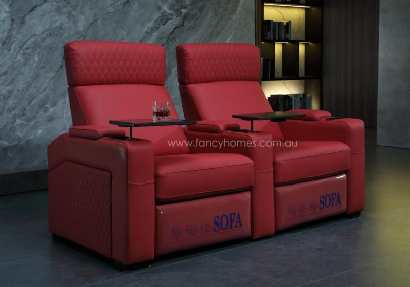Fancy Homes Newman Customisable Home Theatre Recliner Leather Sofa Red Colour Two Seat with Removable Swivel Tray Table