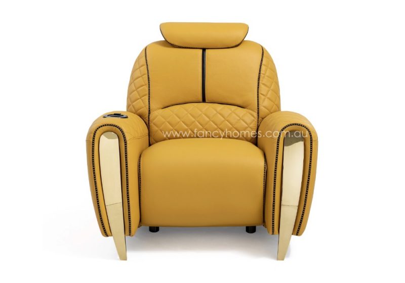 Fancy Homes Revelto Home Theatre Recliner Leather Sofa Mustard and Gold Front