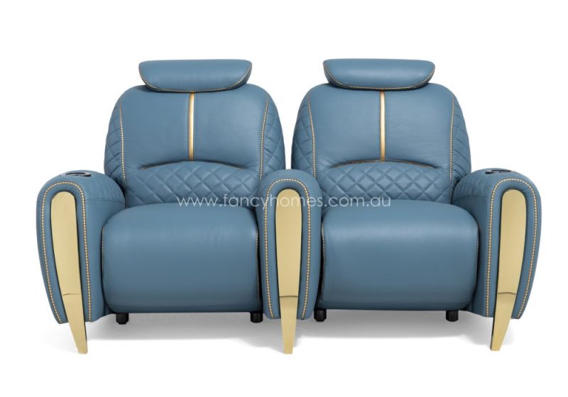 Fancy Homes Revelto Home Theatre Recliner Leather Sofa Two Seat Blue and Gold