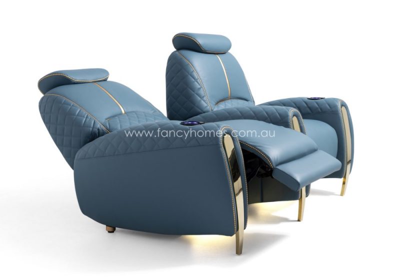 Fancy Homes Revelto Home Theatre Recliner Leather Sofa Two Seat Blue and Gold Power Recliner