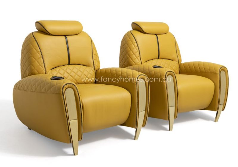 Fancy Homes Revelto Home Theatre Recliner Leather Sofa Mustard and Gold Two Seat