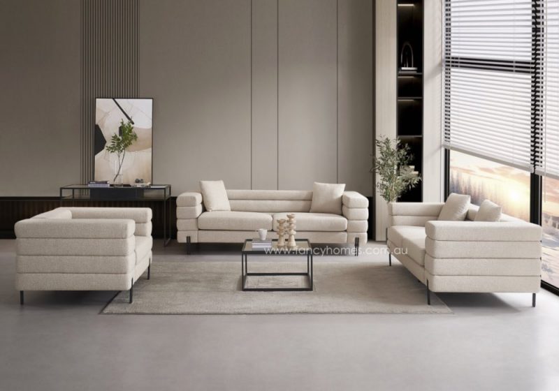 Fancy Homes Abigail Lounges Suites Fabric Sofa Chenille Fabric Champagne Colour Front. Customisable in Configurations and Fabric Also Available in Boucle Fabric