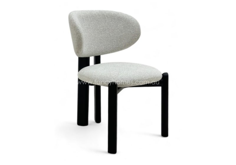 Fancy Homes Alessia Designer Dining Chair Black Wood Legs Featuring Solid Ashwood Legs and Commercial Grade Premium Fabric Woven Boucle and Suede Like Fabric. Fully Customisable in Colour and Texture. Picture Features Alessia Dining Chair Black Wood Legs from the Side