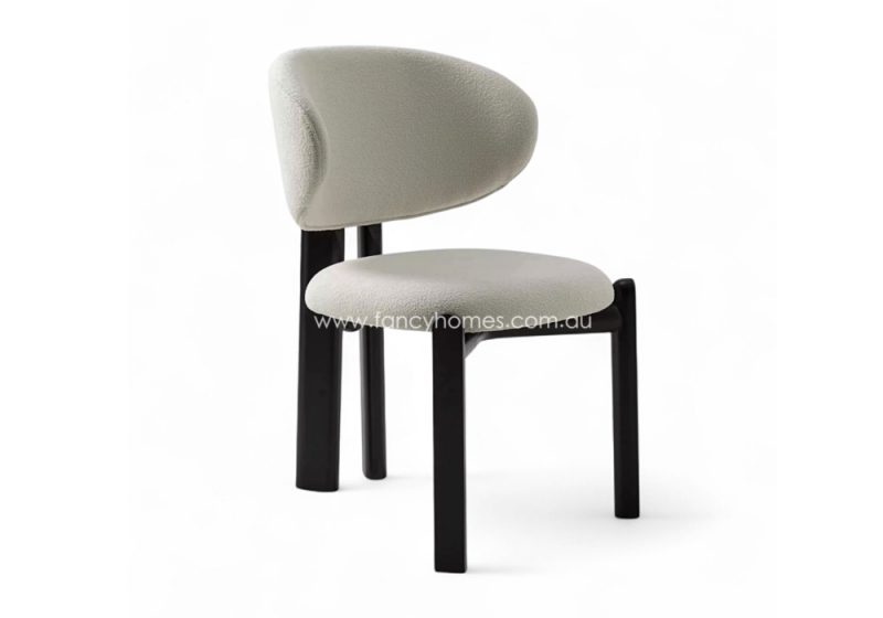 Fancy Homes Alessia Designer Dining Chair Black Wood Legs Featuring Solid Ashwood Legs and Commercial Grade Premium Fabric Woven Boucle and Suede Like Fabric. Fully Customisable in Colour and Texture. Picture Features Alessia Dining Chair Black Wood Legs from the Side and With White Boucle Fabric