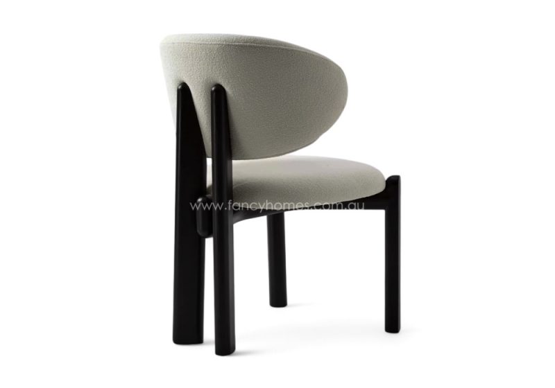 Fancy Homes Alessia Designer Dining Chair Black Wood Legs Featuring Solid Ashwood Legs and Commercial Grade Premium Fabric Woven Boucle and Suede Like Fabric. Fully Customisable in Colour and Texture. Picture Features Alessia Dining Chair Black Wood Legs from the Back