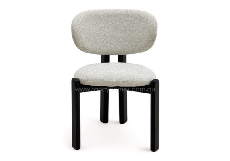 Fancy Homes Alessia Designer Dining Chair Black Wood Legs Featuring Solid Ashwood Legs and Commercial Grade Premium Fabric Woven Boucle and Suede Like Fabric. Fully Customisable in Colour and Texture. Picture Features Alessia Dining Chair Black Wood Legs from the Front