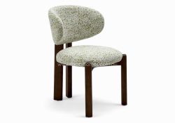 Fancy Homes Alessia Designer Dining Chair Brown Wood Legs Featuring Solid Ashwood Legs and Commercial Grade Premium Fabric Woven Boucle and Suede Like Fabric. Fully Customisable in Colour and Texture. Picture Features Alessia Dining Chair Brown Wood Legs from the Side