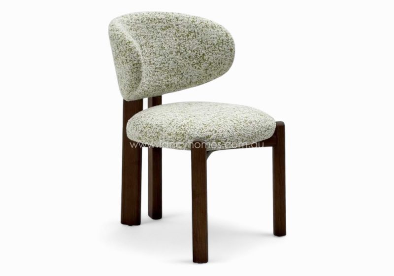Fancy Homes Alessia Designer Dining Chair Brown Wood Legs Featuring Solid Ashwood Legs and Commercial Grade Premium Fabric Woven Boucle and Suede Like Fabric. Fully Customisable in Colour and Texture. Picture Features Alessia Dining Chair Brown Wood Legs from the Side