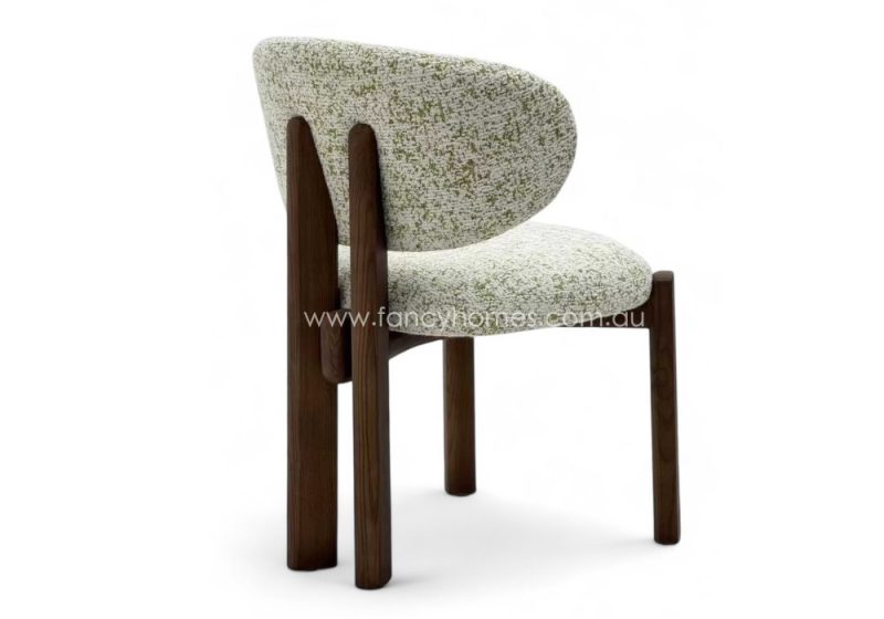Fancy Homes Alessia Designer Dining Chair Brown Wood Legs Featuring Solid Ashwood Legs and Commercial Grade Premium Fabric Woven Boucle and Suede Like Fabric. Fully Customisable in Colour and Texture. Picture Features Alessia Dining Chair Brown Wood Legs from the Back