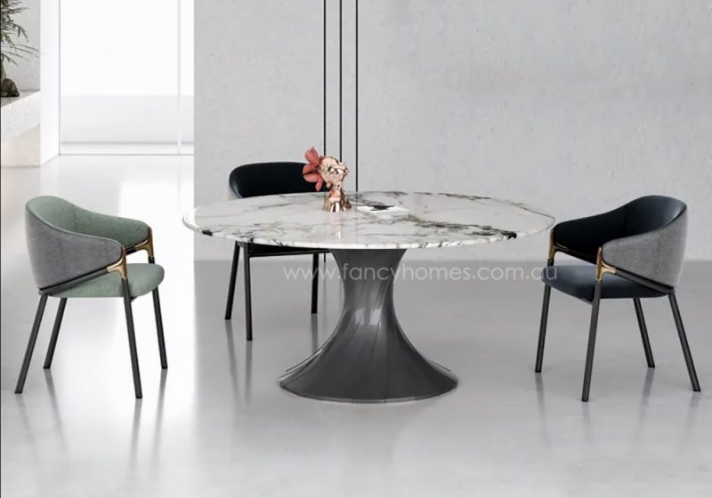 Fancy Homes Cascade Round Sintered Stone Top Dining Table Features Fibre Glass and Carbon Steel Base Combining Sculptural Aesthetics and Strength. Customisable in Taupe and Grey Colour with Seven Sintered Stone Table Top Colour Options.