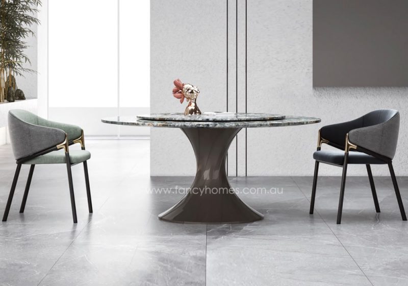 Fancy Homes Cascade Round Sintered Stone Top Dining Table Features Fibre Glass and Carbon Steel Base Combining Sculptural Aesthetics and Strength. Customisable in Taupe and Grey Colour with Seven Sintered Stone Table Top Colour Options.