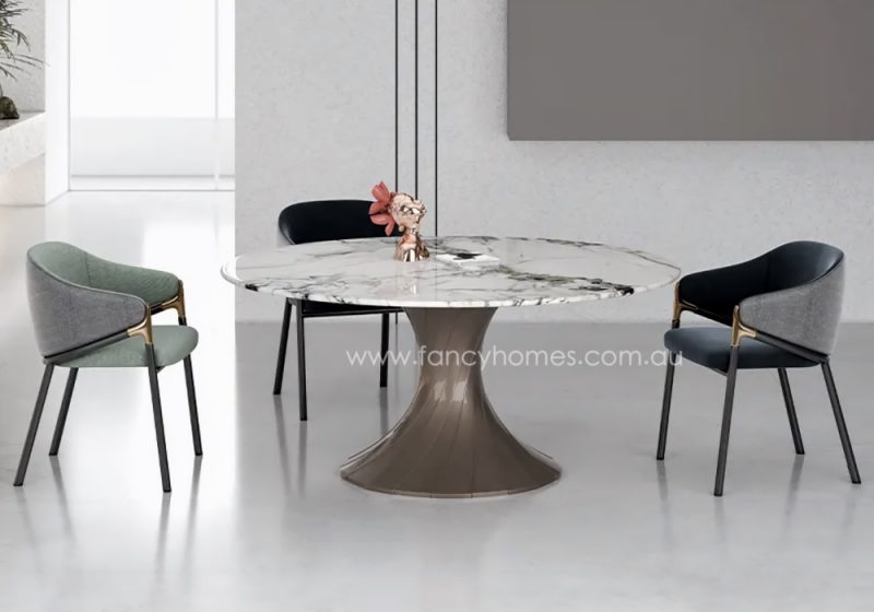 Fancy Homes Cascade Round Sintered Stone Top Dining Table Features Fibre Glass and Carbon Steel Base Combining Sculptural Aesthetics and Strength. Customisable in Taupe and Grey Colour with Seven Sintered Stone Table Top Colour Options.