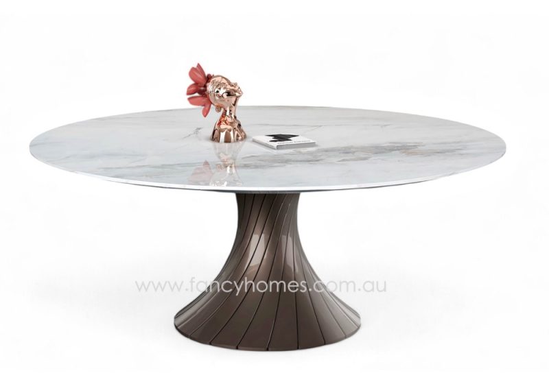 Fancy Homes Cascade Round Sintered Stone Top Dining Table Features Fibre Glass and Carbon Steel Base Combining Sculptural Aesthetics and Strength. Customisable in Taupe and Grey Colour with Seven Sintered Stone Table Top Colour Options.