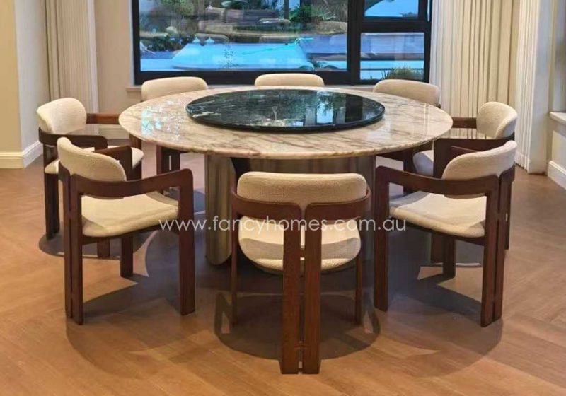 Fancy Homes Evangeline Designer Dining Chair Brown Ash Wood Legs and Round Marble Or Sintered Stone Top Round Dining Table Fully Customisable in Fabric or Leather Fully Customisable in Fabric Or Microfibre Leather