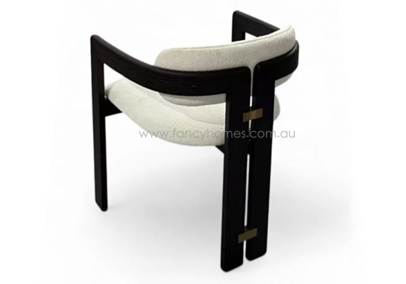 Fancy Homes Evangeline Designer Customisable Dining Chairs Black Wood Legs with Gold Metal Decorations. Product Picture from Back Featuring White Boucle Fabric