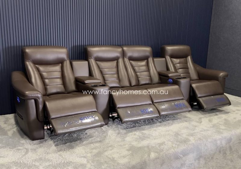 Fancy Homes Maxwell Customisable Home Theatre Recliner Leather Sofa Row of Four Seat with Console Tables and Cupholders