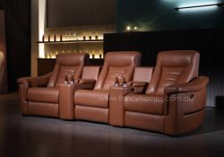 Fancy Homes Maxwell Customisable Home Theatre Recliner Leather Sofa Row of Three Seat with Console Table with Cupholders and Storage