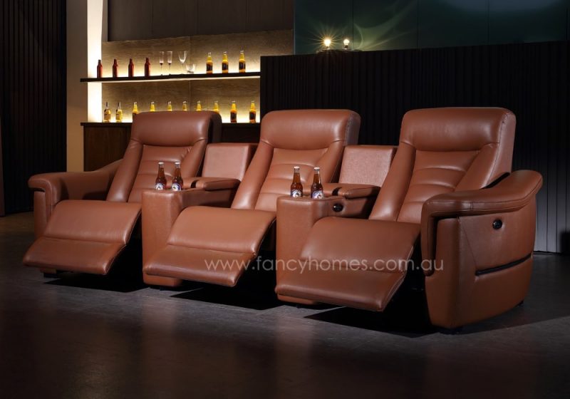 Fancy Homes Maxwell Customisable Home Theatre Recliner Leather Sofa Row of Three Seat with Console Table with Cupholders and Storage Featuring Power Recliner