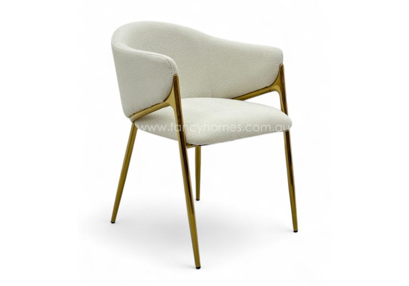 Fancy Homes Mirabel Customisable Designer Dining Chair in White Boucle Fabric with Gold Colour Legs