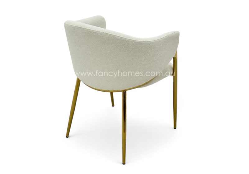 Fancy Homes Mirabel Customisable Designer Dining Chair in White Boucle Fabric with Gold Colour Legs Back