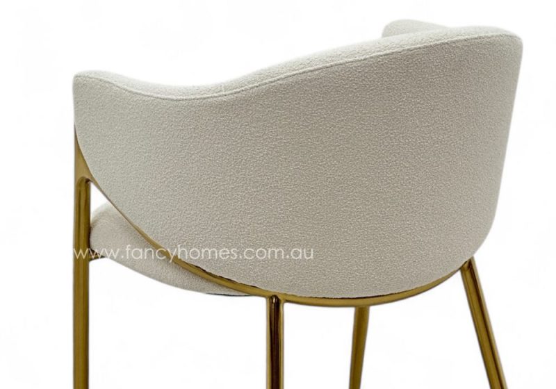 Fancy Homes Mirabel Customisable Designer Dining Chair in White Boucle Fabric with Gold Colour Legs Top Fabric Details