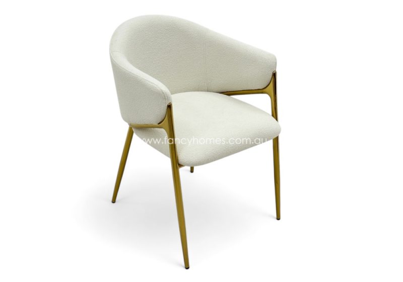 Fancy Homes Mirabel Customisable Designer Dining Chair in White Boucle Fabric with Gold Colour Legs Top