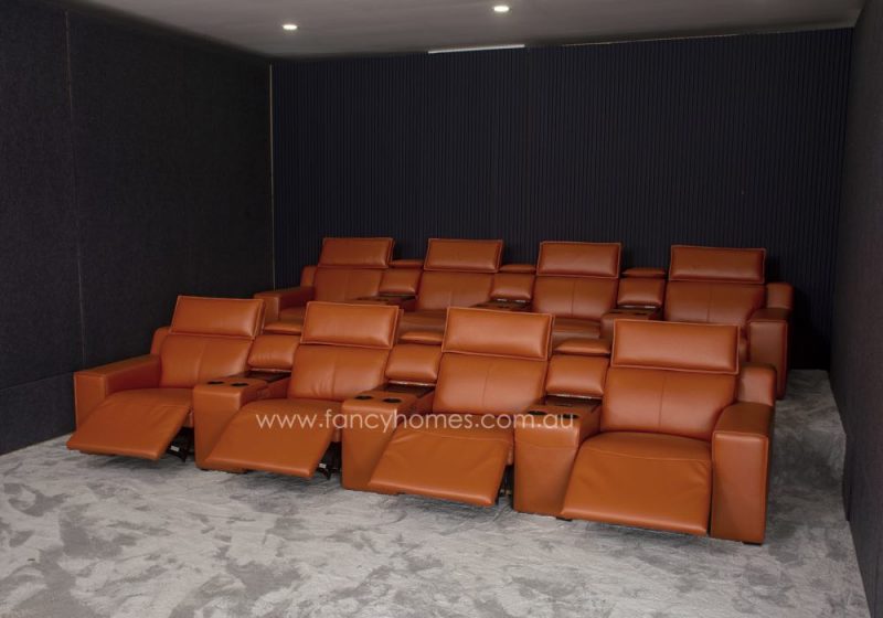 Fancy Homes Valentina Home Theatre Recliner Leather Sofa Fully Customisable Two Row of Four with Console Table, Storage and Cupholders and Power Recliners