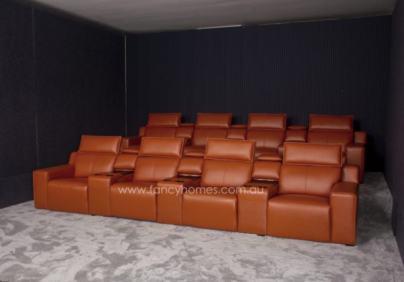 Fancy Homes Valentina Home Theatre Recliner Leather Sofa Fully Customisable Two Row of Four with Console Table, Storage and Cupholders