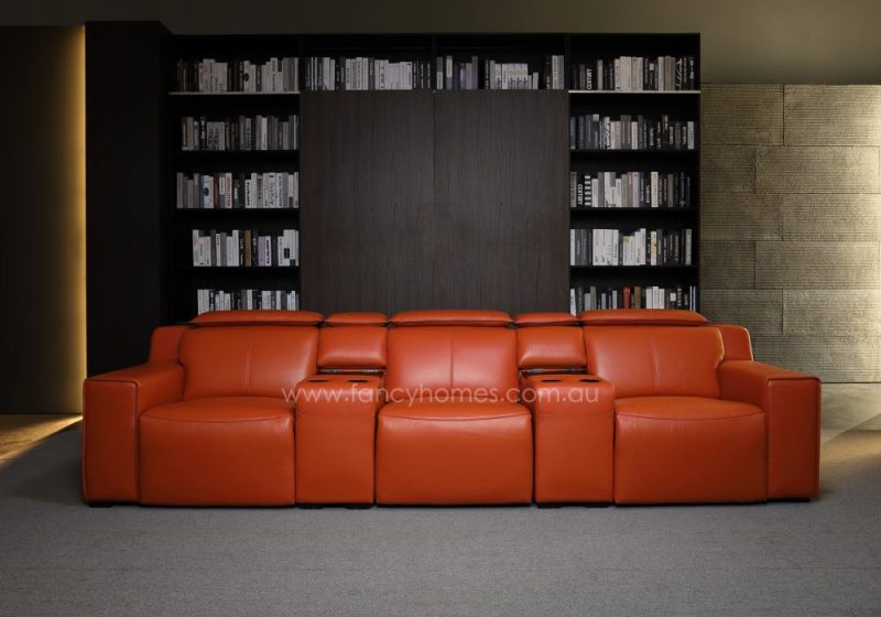 Fancy Homes Customisable Valentina Home Theatre Recliner Leather Sofa Row of Three with Console Table Storage Adjustable Headrests and Cupholders
