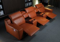 Fancy Homes Customisable Valentina Home Theatre Recliner Leather Sofa Row of Three Power Recliners with Console Table