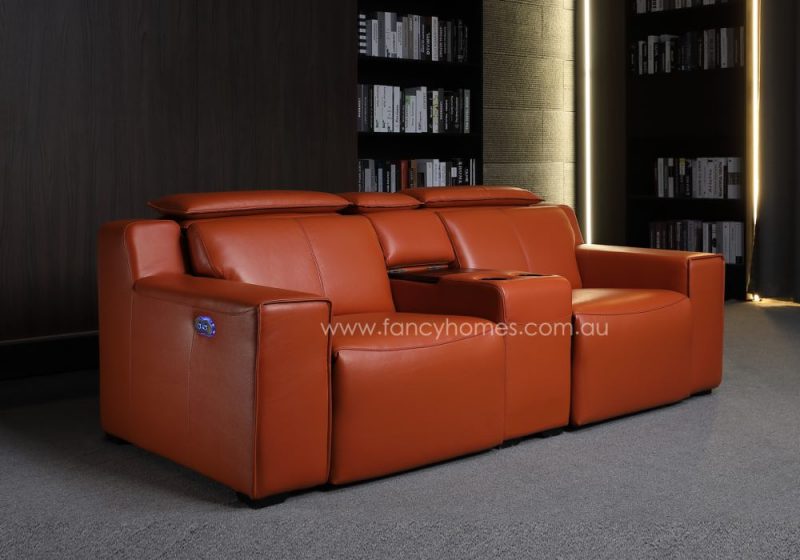 Fancy Homes Customisable Valentina Home Theatre Recliner Leather Sofa Row of Two Fully with Console Table with Adjustable Headrests, Storage and Cupholders